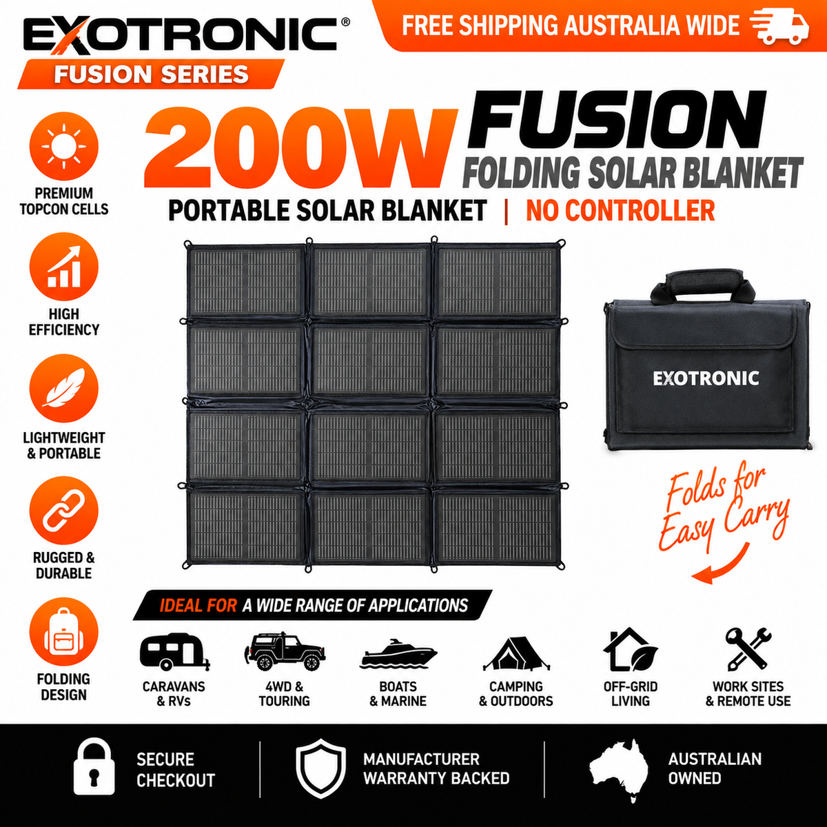 Exotronic 200W Fusion Folding Solar Blanket – No Controller