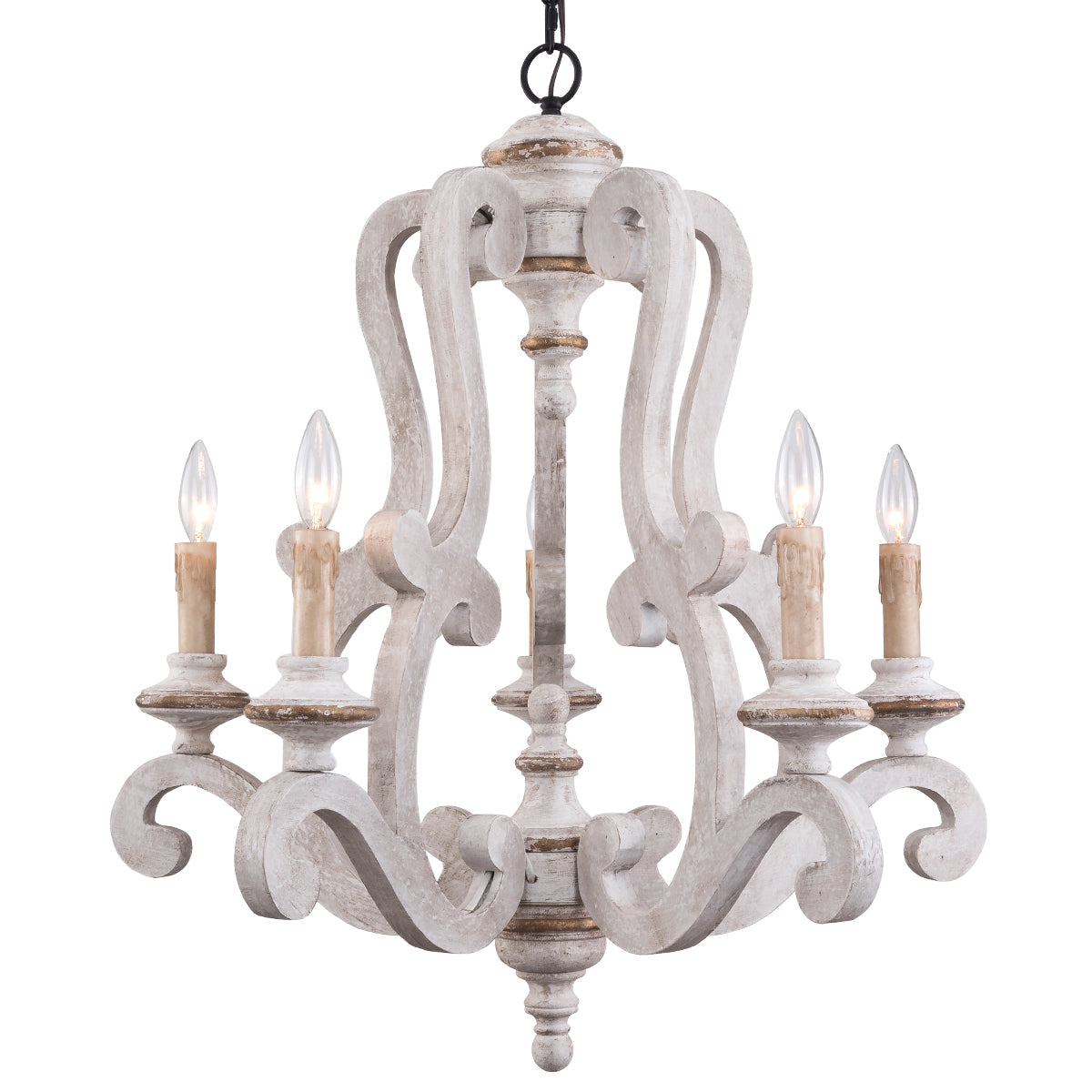 5 - Light Distressed Wood French Country Vintage Chandelier with Adjustable Height,  25" Farmhouse Chandelier for Dining Room