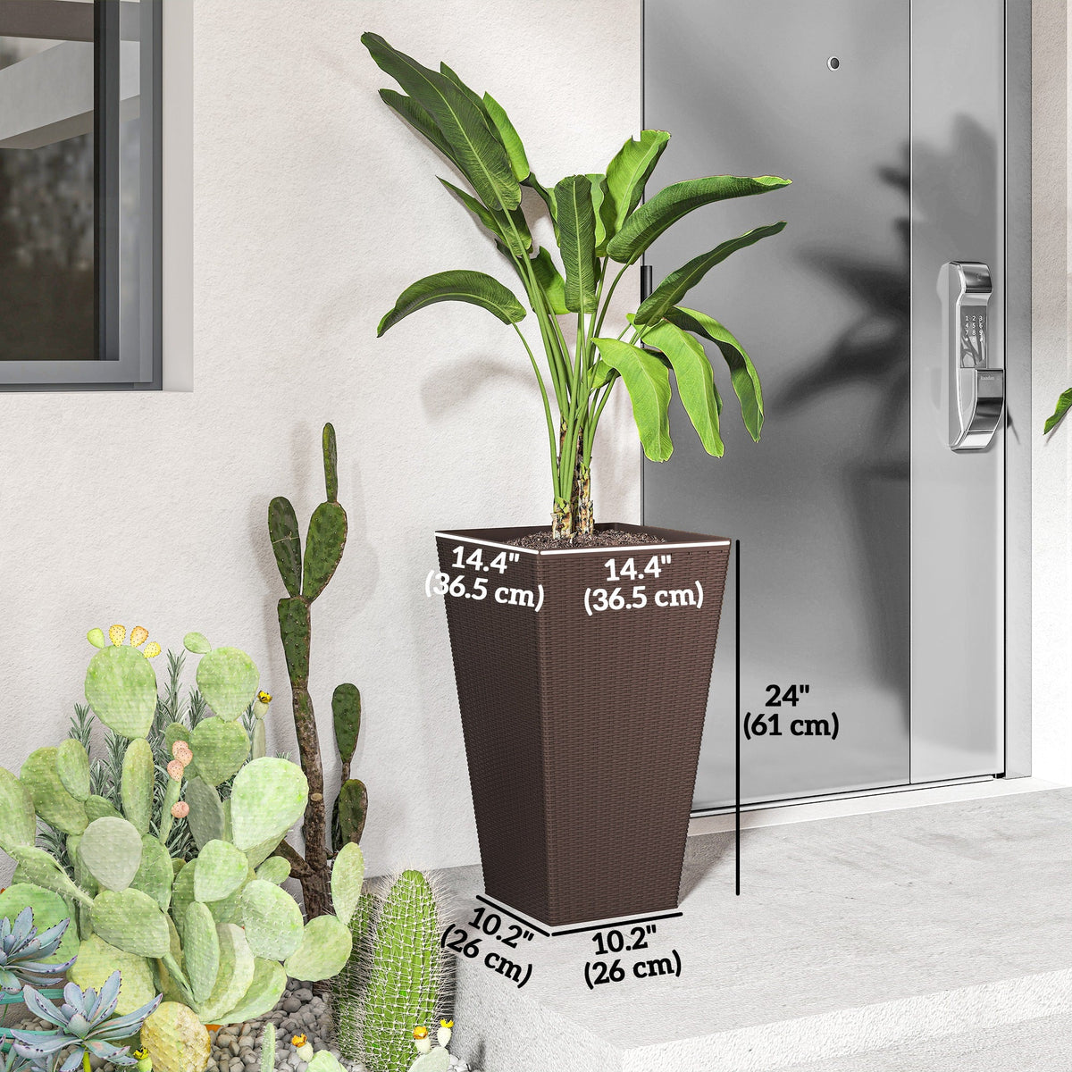 Set of 3 Tall Planters for Outdoor Plants with Drainage Hole, Indoor Outdoor Planter Flower Pot Set for Front Door, Entryway, Patio and Deck, Brown