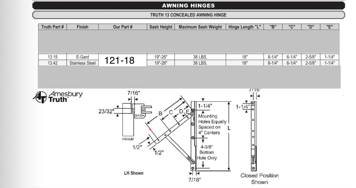 121-18: Amesbury Truth Truth 13 Concealed - 18 inch non adjustable awning hinge kit