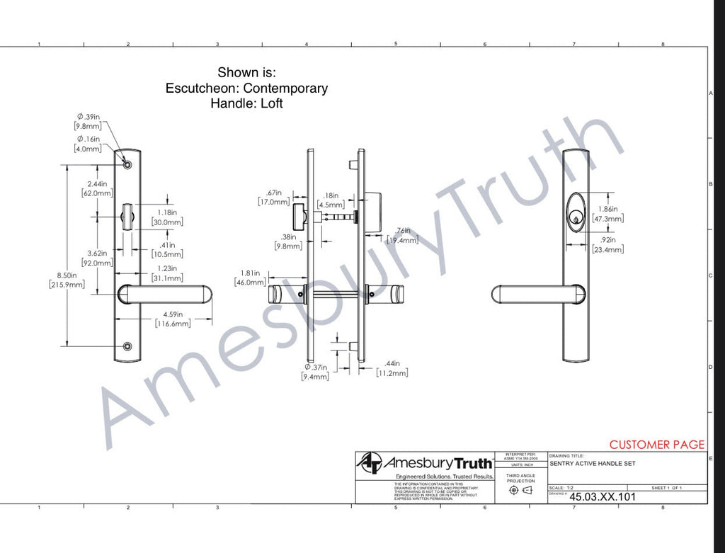 840 - Current Style Active  Amesbury Truth Sentry® .63  and Sentry® .03 Active Handle Set For GU Multi Point Hardware