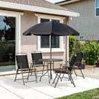 6 Piece Outdoor Dining Sets for 4 with Umbrella, 4 Folding Chairs & Round Glass Table, Black