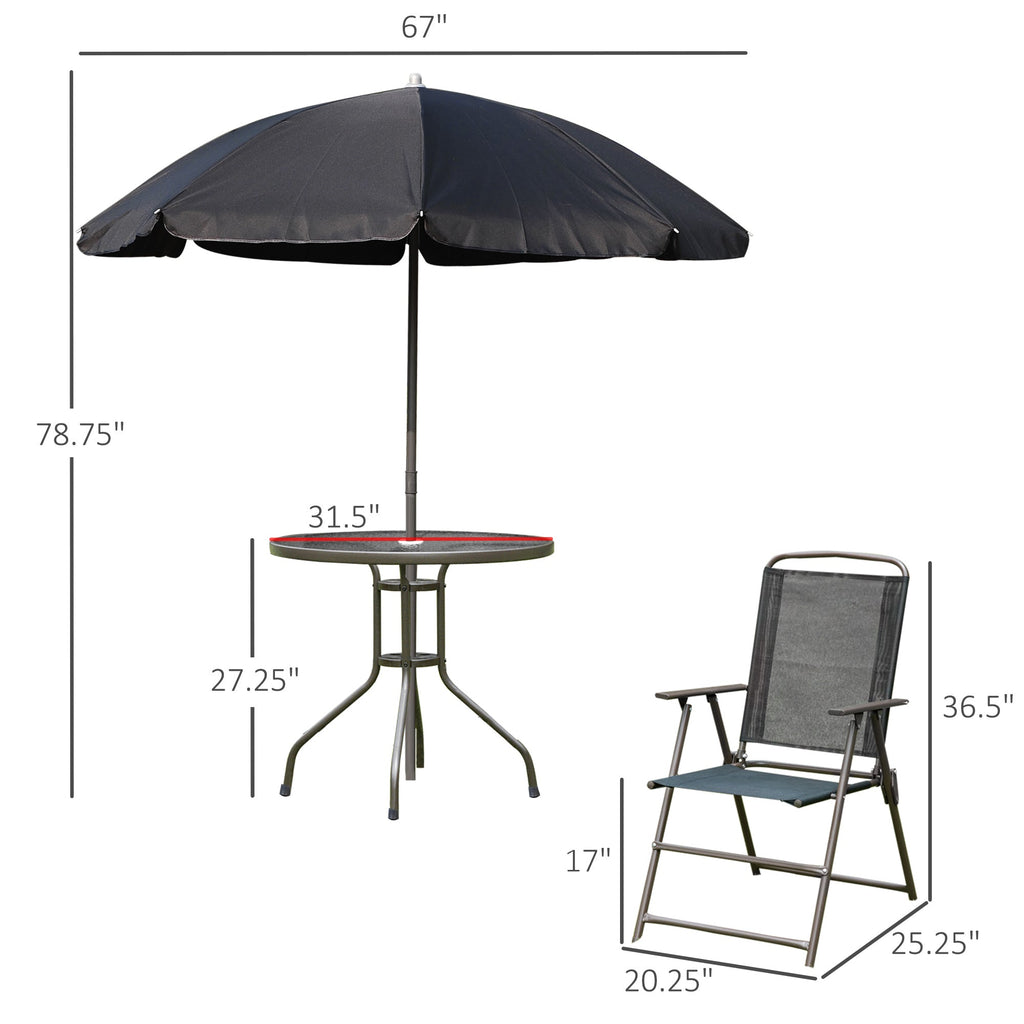 6 Piece Outdoor Dining Sets for 4 with Umbrella, 4 Folding Chairs & Round Glass Table, Black