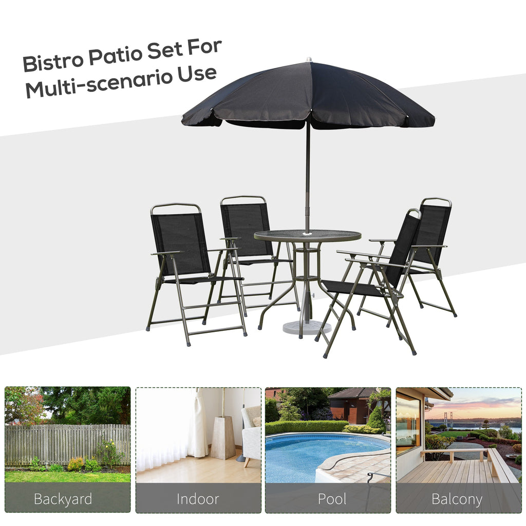 6 Piece Outdoor Dining Sets for 4 with Umbrella, 4 Folding Chairs & Round Glass Table, Black