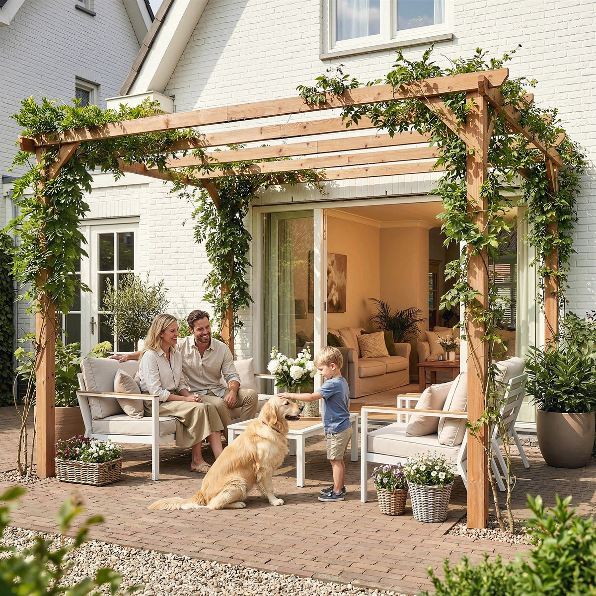 PerArbor 3 x 3 m Wooden Pergola Kit with Triangle Supports, 5 Crossing Beams, Maple Wood-effect