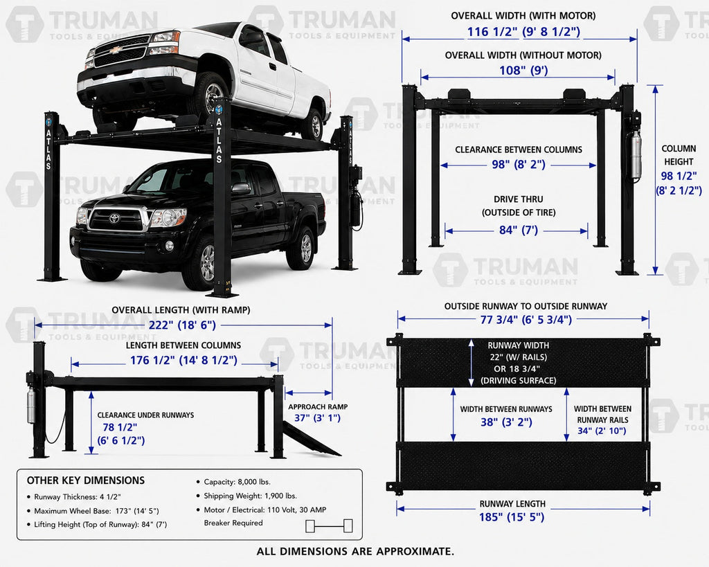 Atlas Garage PRO8000EXT-L 8,000 lb Extra Tall/Extra Long 4-Post Lift
