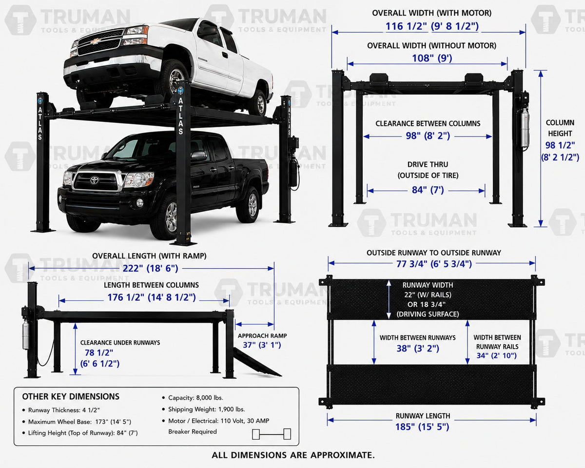 Atlas Garage PRO8000EXT-L 8,000 lb Extra Tall/Extra Long 4-Post Lift