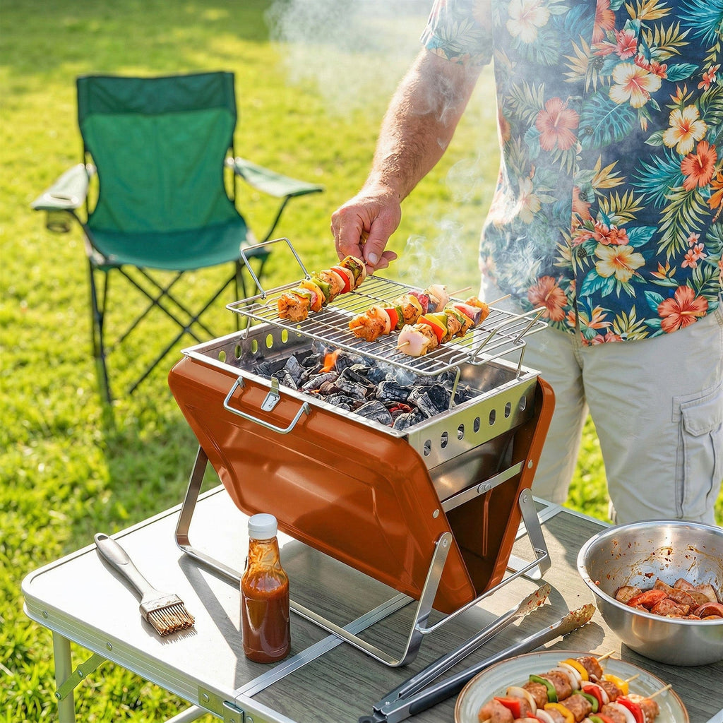 Outsunny Charcoal BBQ Grill Portable Stainless Steel Barbecue with Tilting Grate for Camping Picnic Garden Orange - Wise Galleria Charcoal Grills