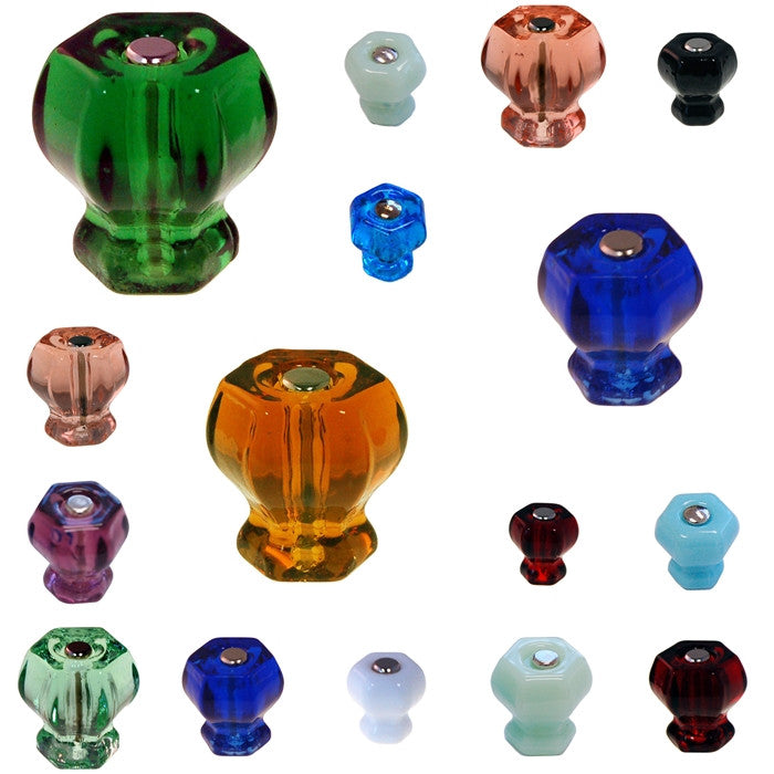 Glass knob, Hexagon Shaped for cabinets in multiple colors and sizes 12 colors:  Clear Amber Depression Glass Green Forest Green Milk Green Purple Cobalt Blue (Large Only) Milk Blue (Medium Only - Discontinued) Opal White White Black