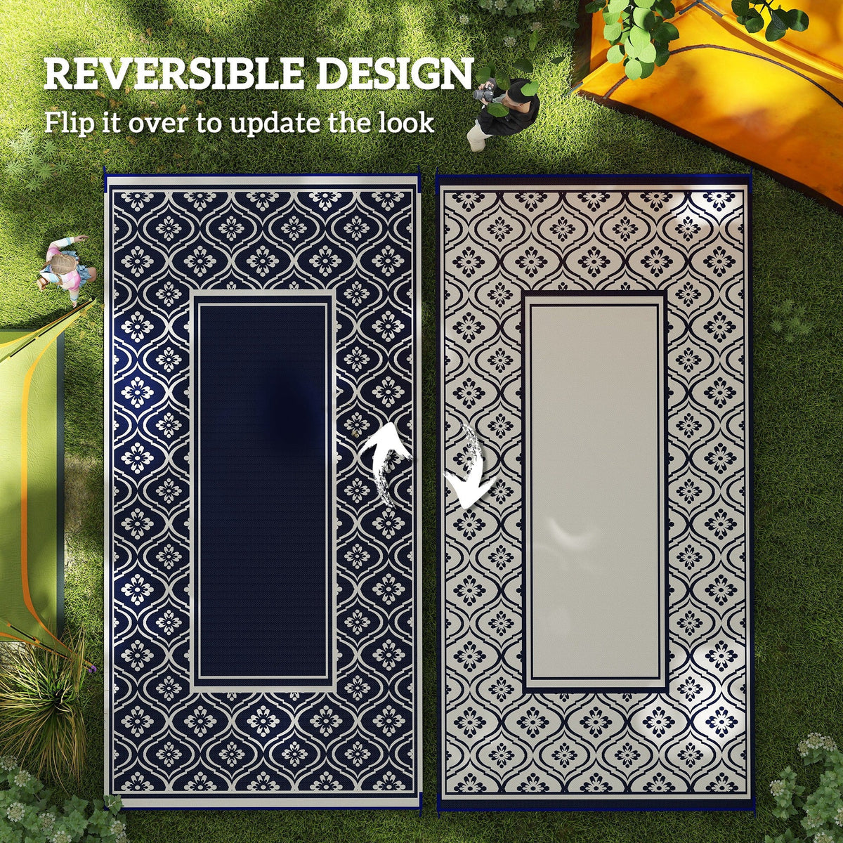 9' x 18' Reversible Outdoor Rug, Waterproof Plastic Straw, Blue & White Gourd Border