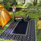 9' x 18' Reversible Outdoor Rug, Waterproof Plastic Straw, Blue & White Gourd Border