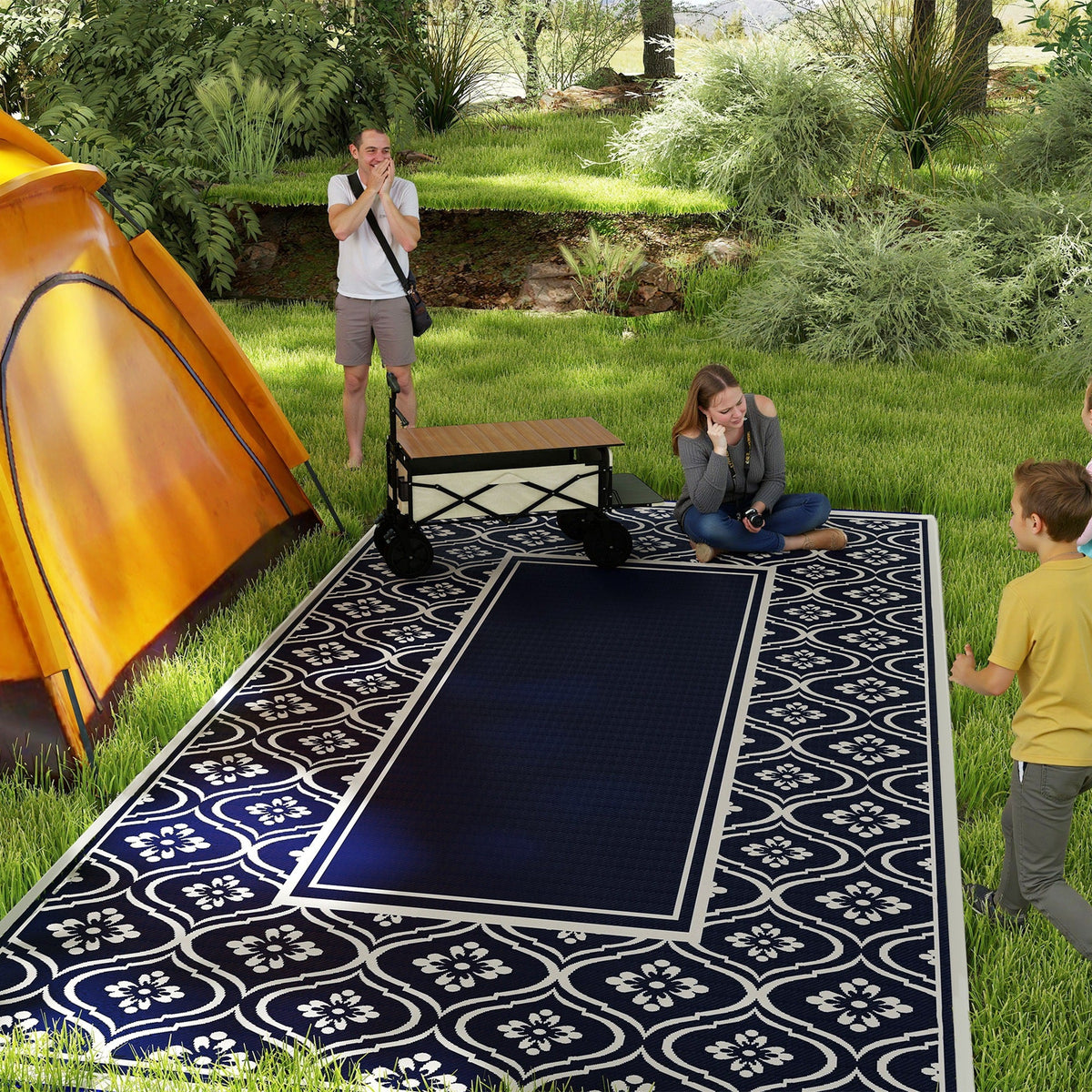 9' x 18' Reversible Outdoor Rug, Waterproof Plastic Straw, Blue & White Gourd Border