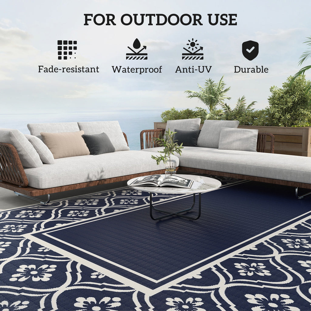 9' x 18' Reversible Outdoor Rug, Waterproof Plastic Straw, Blue & White Gourd Border