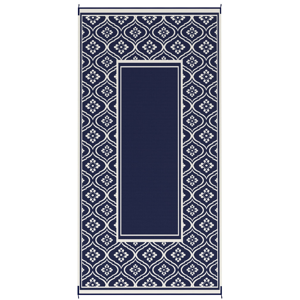 9' x 18' Reversible Outdoor Rug, Waterproof Plastic Straw, Blue & White Gourd Border