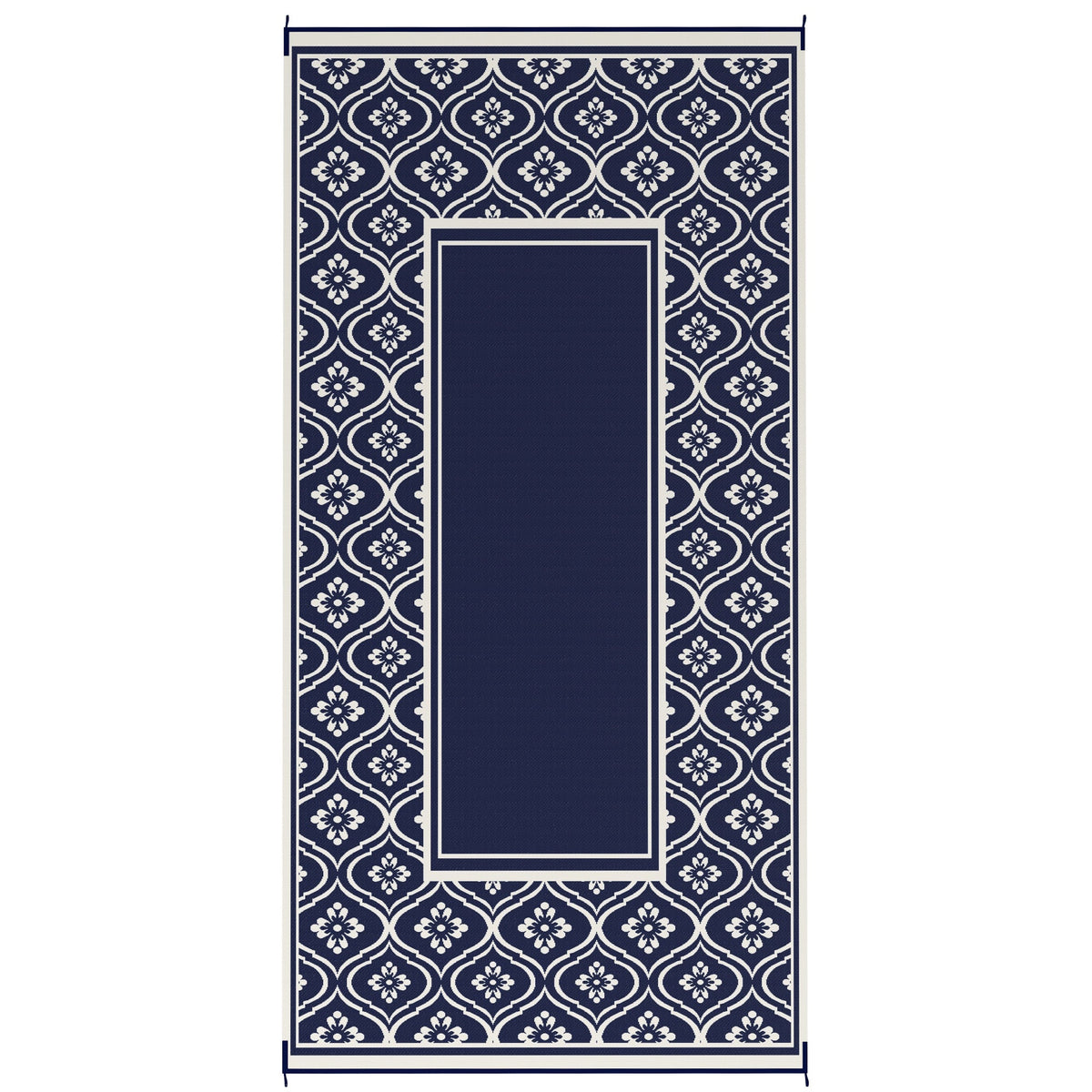 9' x 18' Reversible Outdoor Rug, Waterproof Plastic Straw, Blue & White Gourd Border