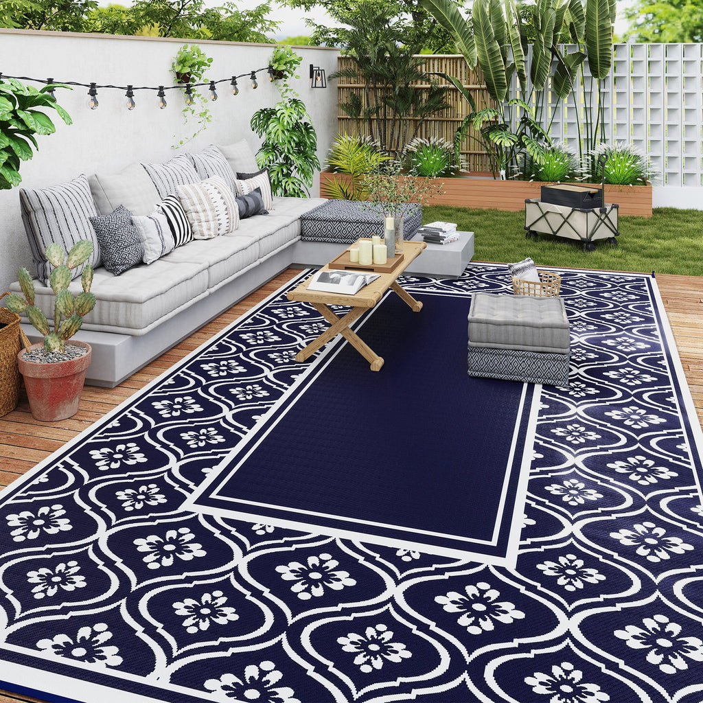 9' x 18' Reversible Outdoor Rug, Waterproof Plastic Straw, Blue & White Gourd Border