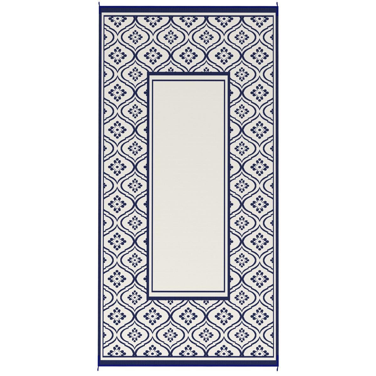 9' x 18' Reversible Outdoor Rug, Waterproof Plastic Straw, Blue & White Gourd Border