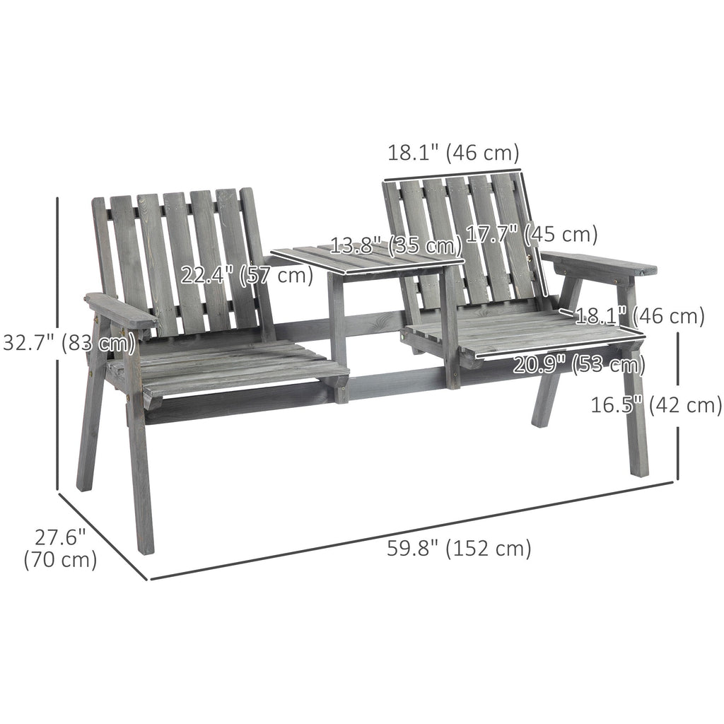 2-Seater Outdoor Wooden Bench with Middle Table & Parasol Hole, Patio Loveseat, Grey