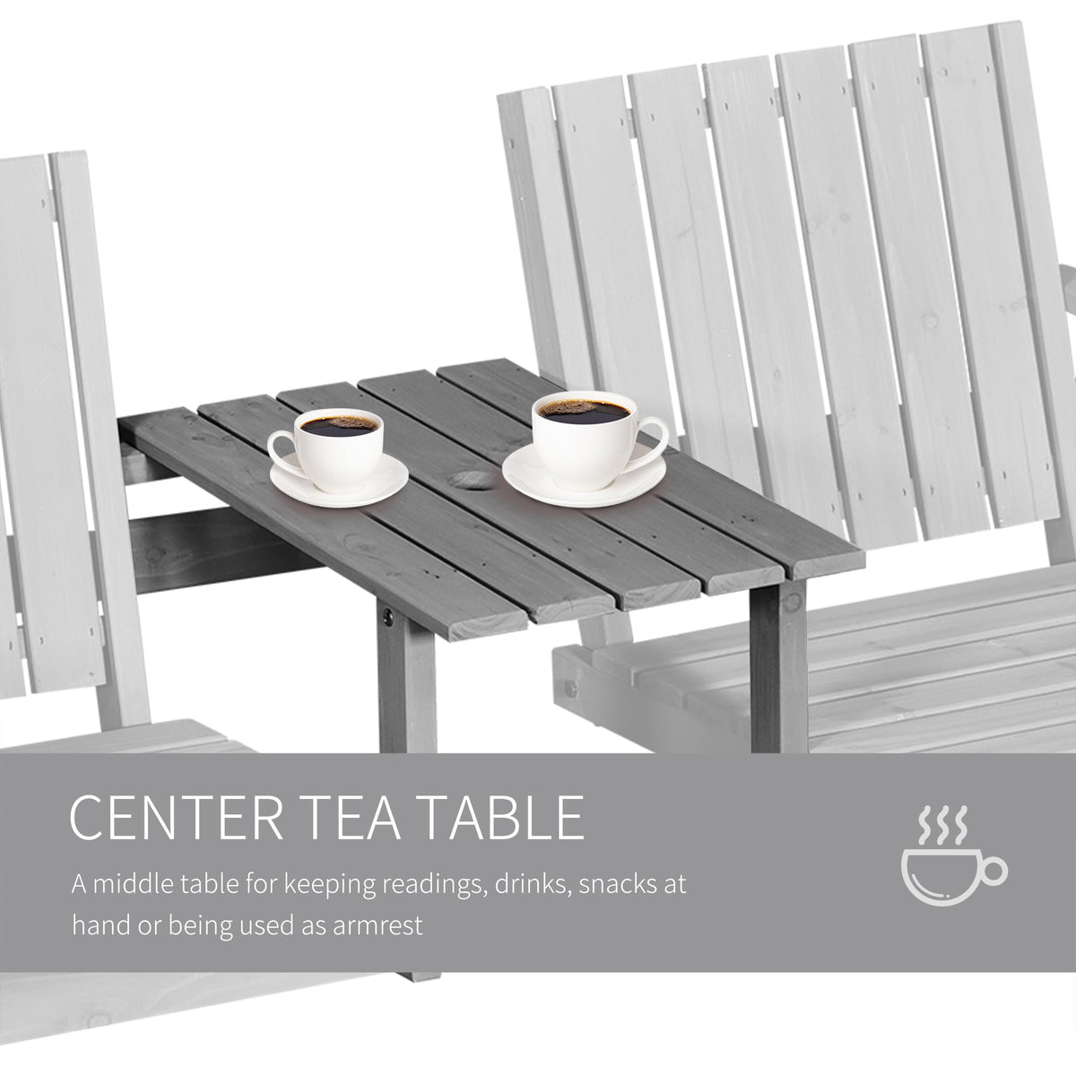 2-Seater Outdoor Wooden Bench with Middle Table & Parasol Hole, Patio Loveseat, Grey