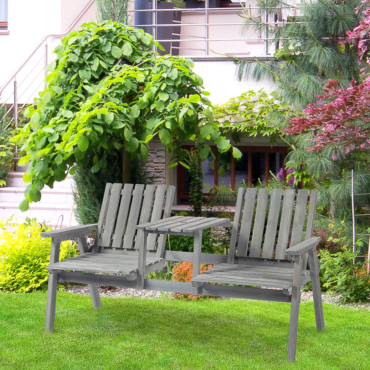 2-Seater Outdoor Wooden Bench with Middle Table & Parasol Hole, Patio Loveseat, Grey