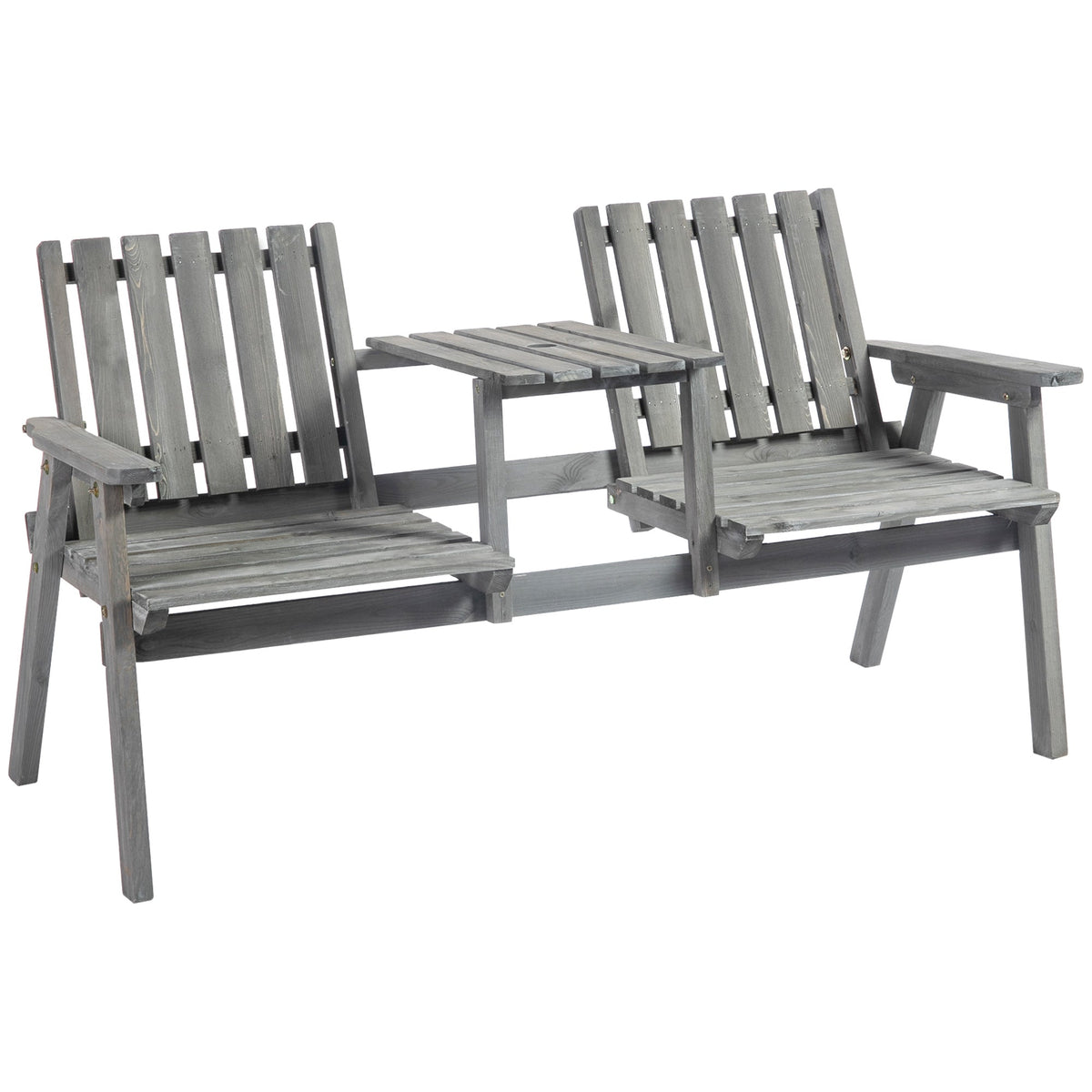 2-Seater Outdoor Wooden Bench with Middle Table & Parasol Hole, Patio Loveseat, Grey