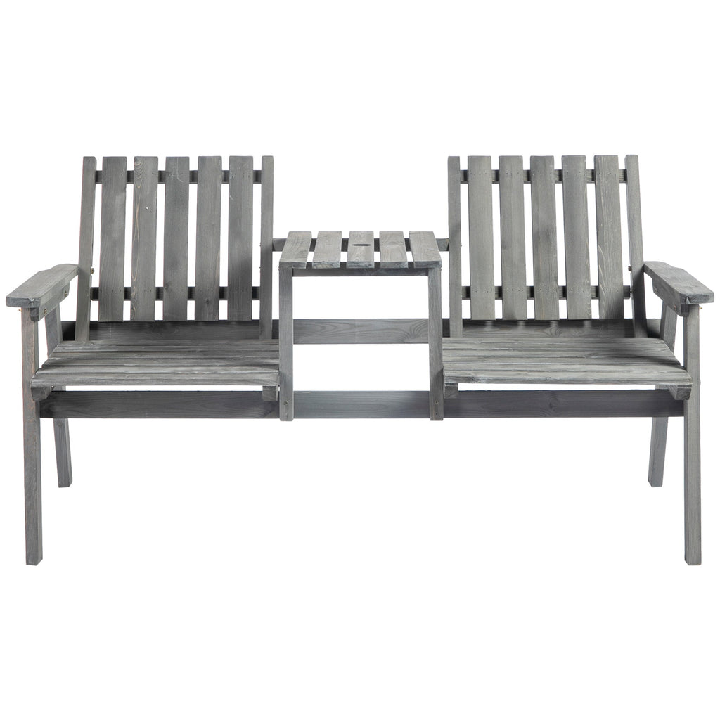 2-Seater Outdoor Wooden Bench with Middle Table & Parasol Hole, Patio Loveseat, Grey