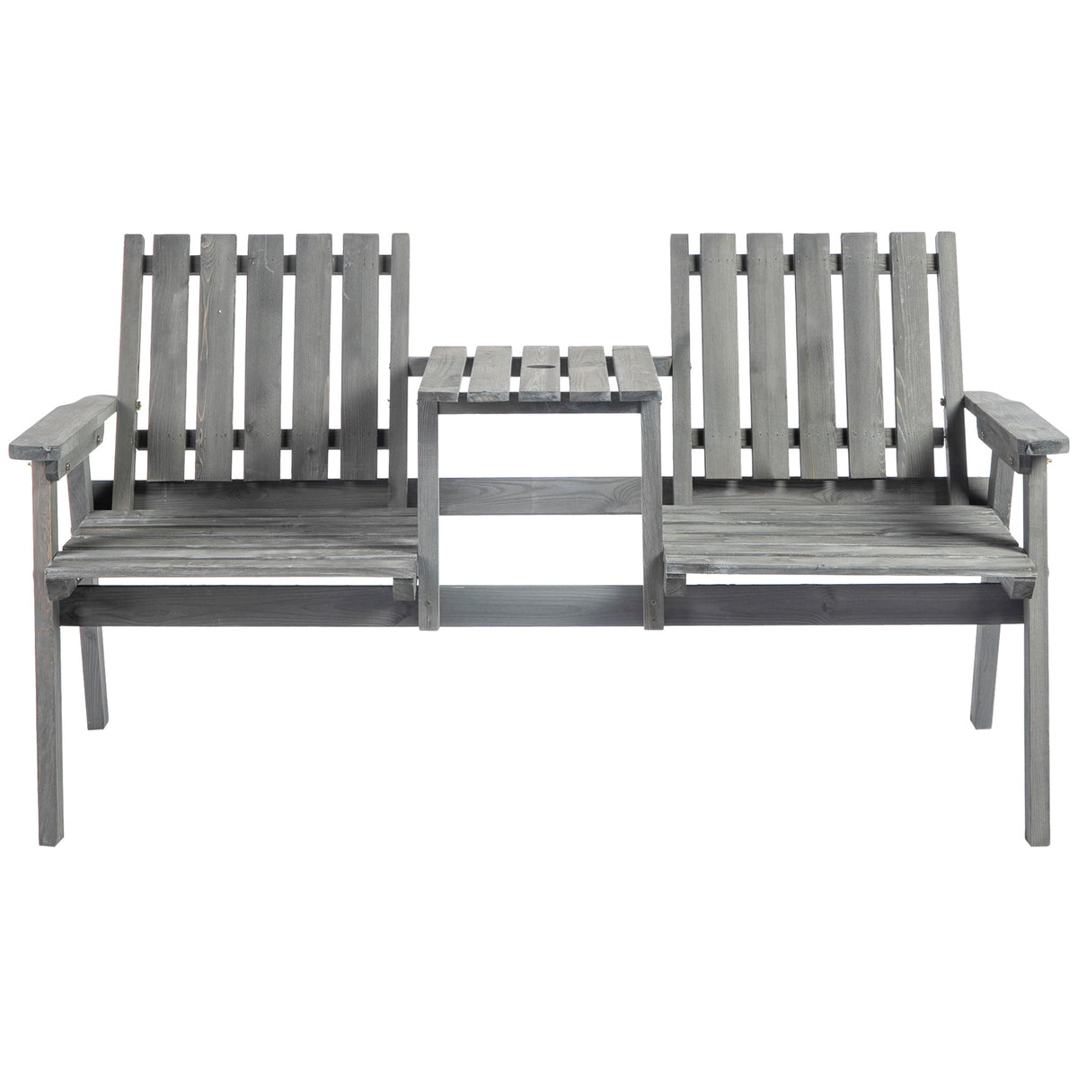 2-Seater Outdoor Wooden Bench with Middle Table & Parasol Hole, Patio Loveseat, Grey