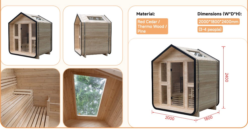 Outdoor House Sauna with Skylight — Red Cedar / Thermo Wood / Pine | 3-4 Person