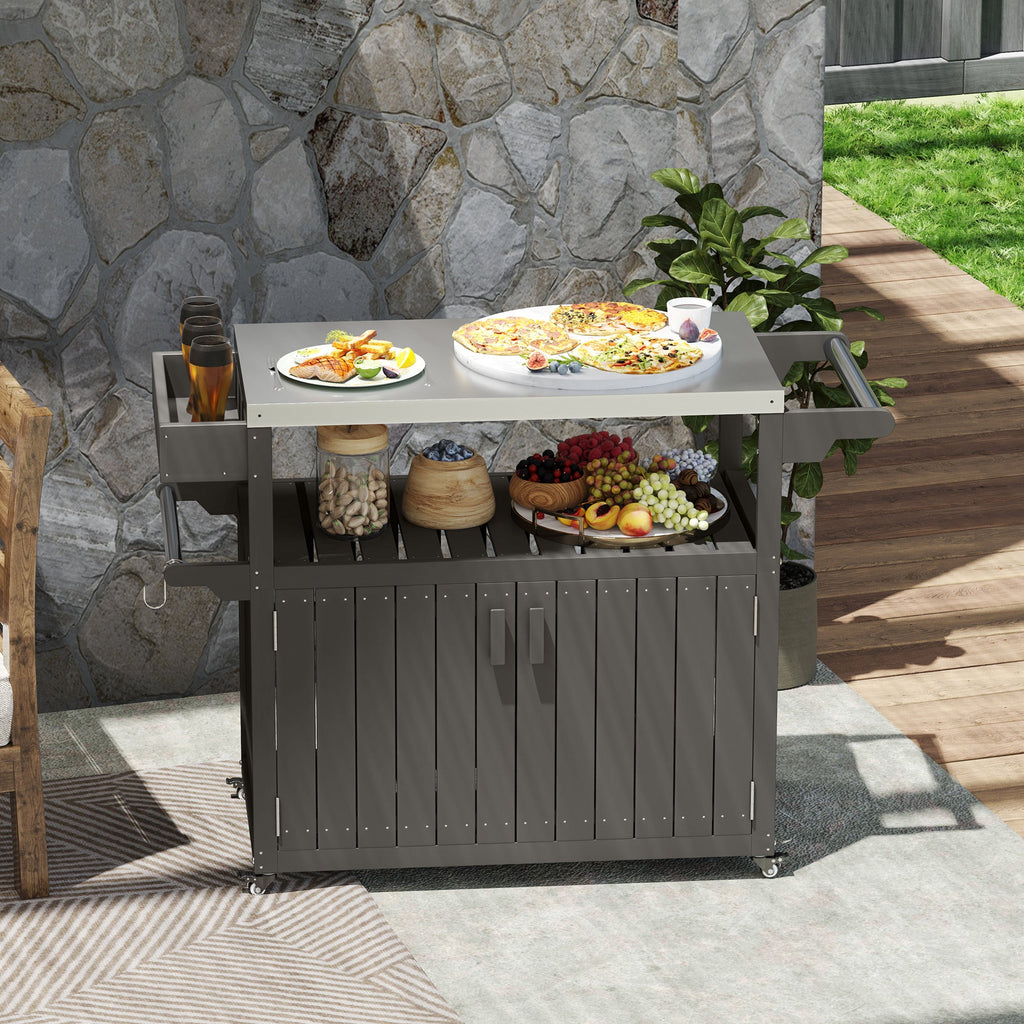 Outdoor Bar Cart with Stainless Steel Top & Wheels, Dark Grey