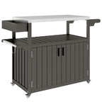Outdoor Bar Cart with Stainless Steel Top & Wheels, Dark Grey