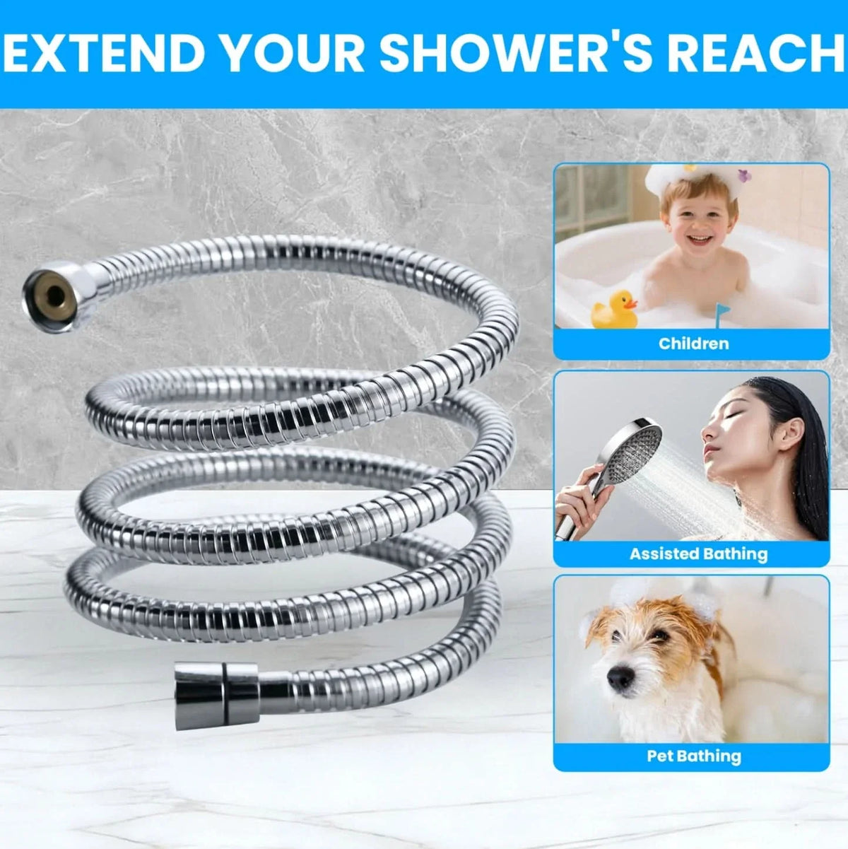 VeeBath Essentials Flexible Stainless Steel Shower Hose - Chrome
