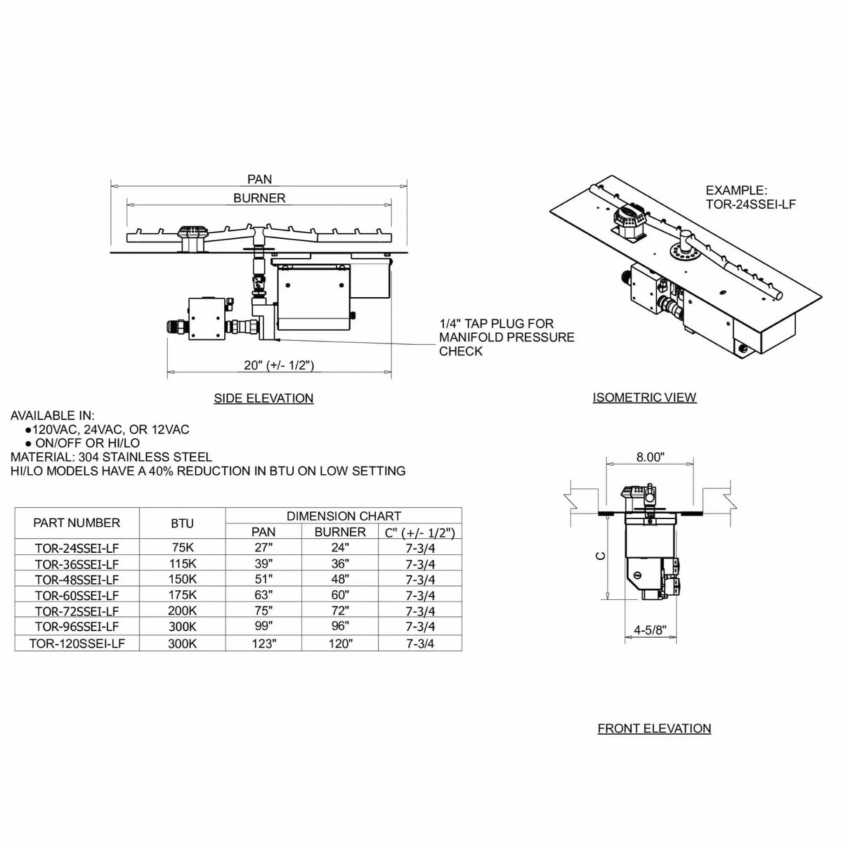 HPC Fire Linear Torpedo Flat Fire Pit Kit (Hi/Lo Electronic Ignition)