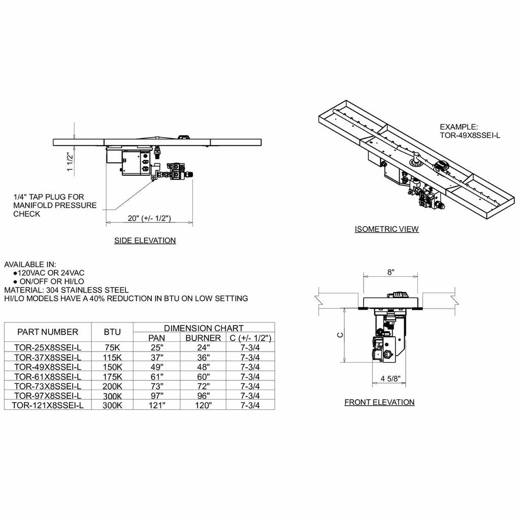 HPC Fire Linear Flat Interlink Torpedo Fire Pit Kit (On/Off Electronic Ignition)