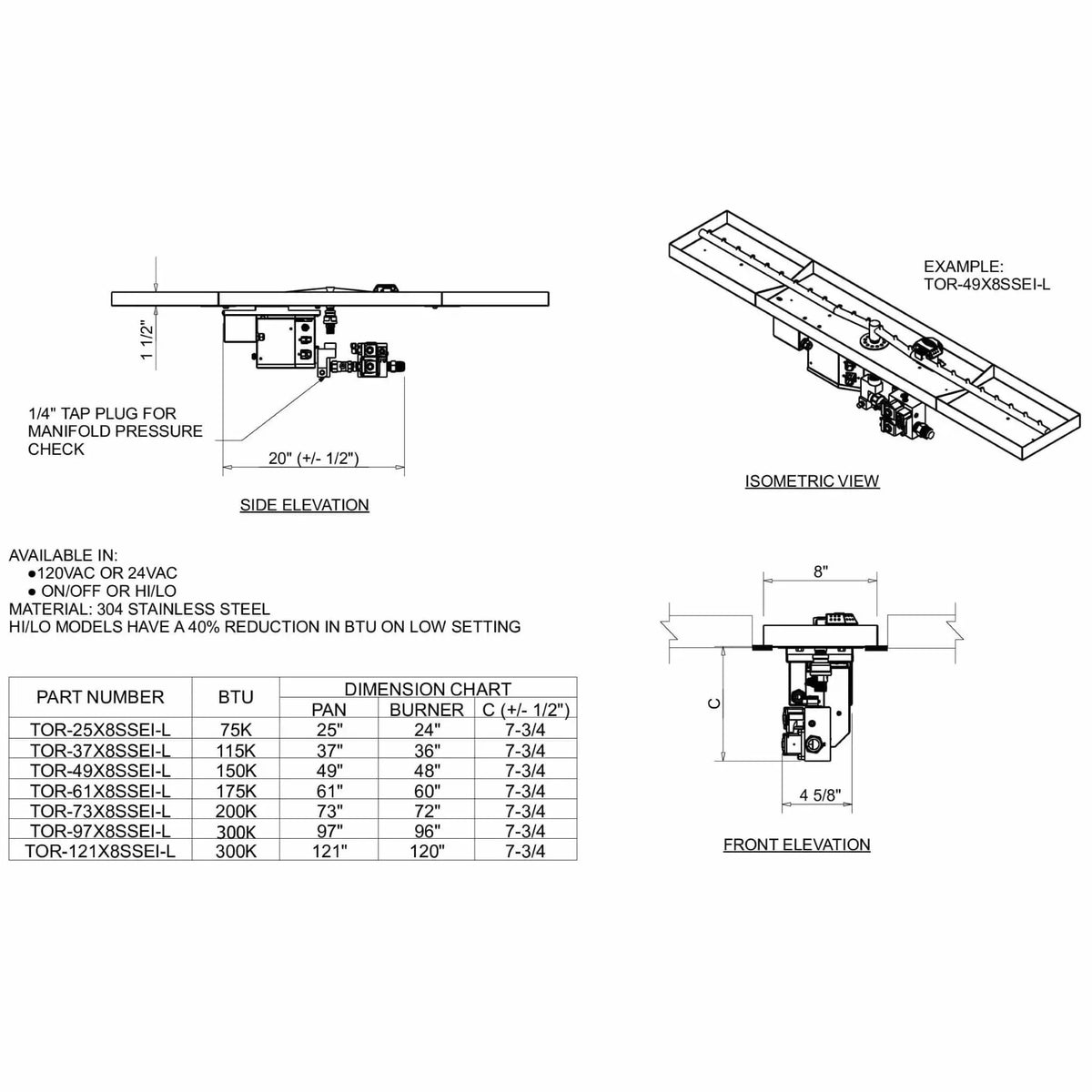 HPC Fire Linear Flat Interlink Torpedo Fire Pit Kit (On/Off Electronic Ignition)