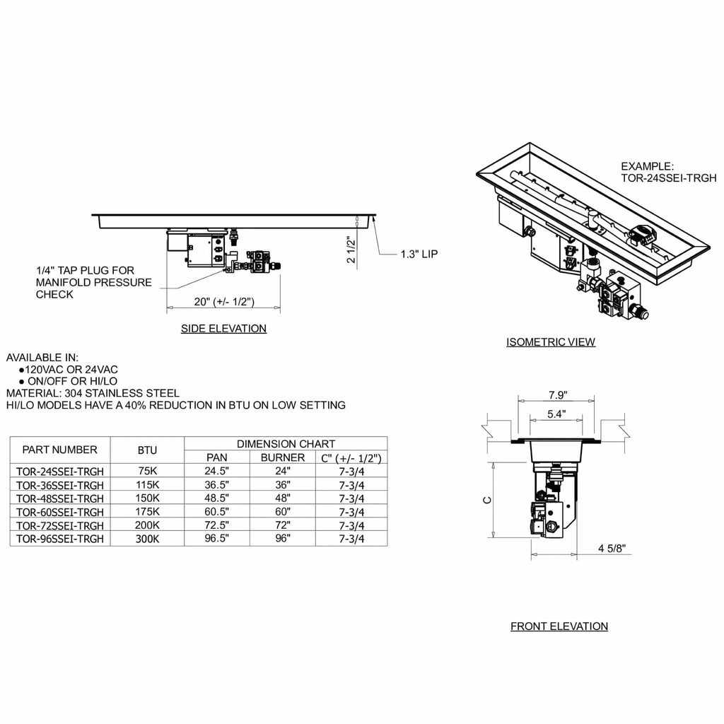 HPC Fire Linear Trough Torpedo Fire Pit Kit (Hi/Lo Electronic Ignition)