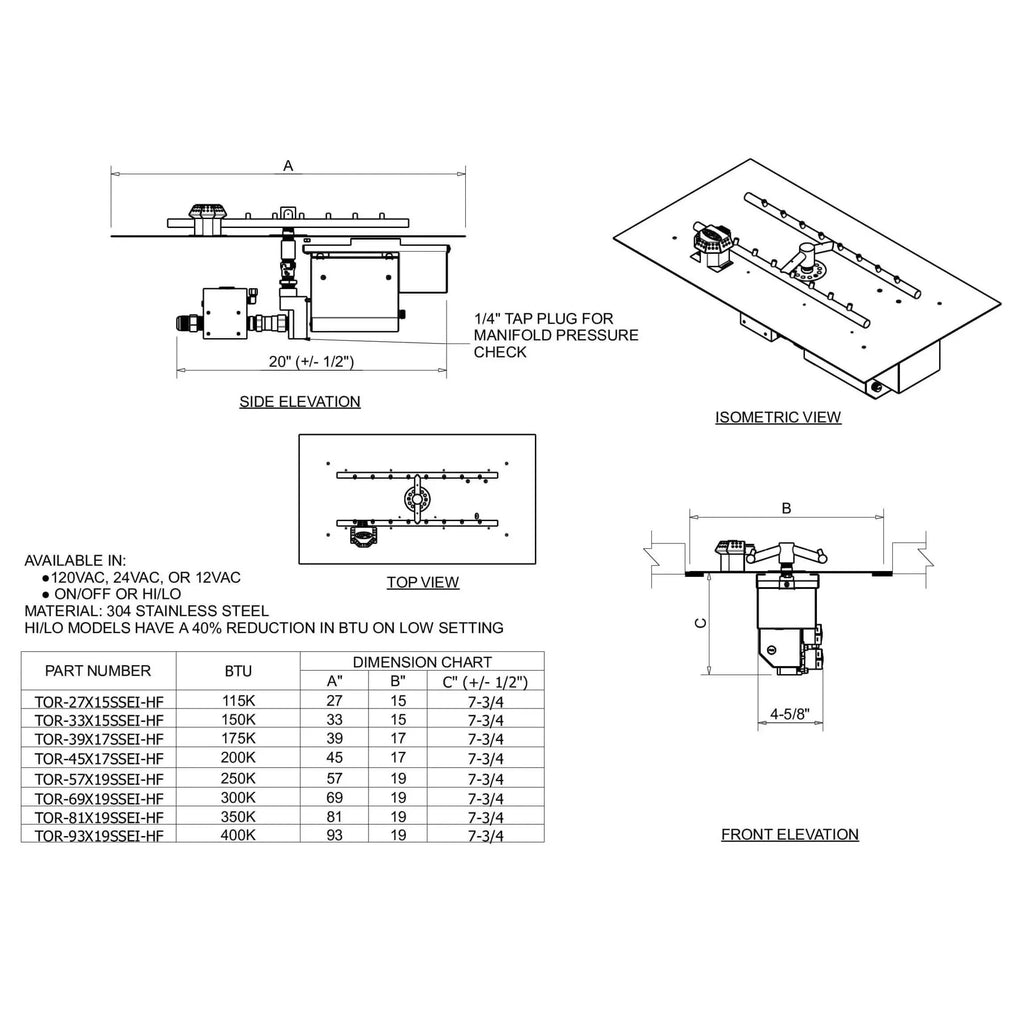 HPC Fire Rectangle Flat Fire Pit H-Burner Kit (On/Off Electronic Ignition)