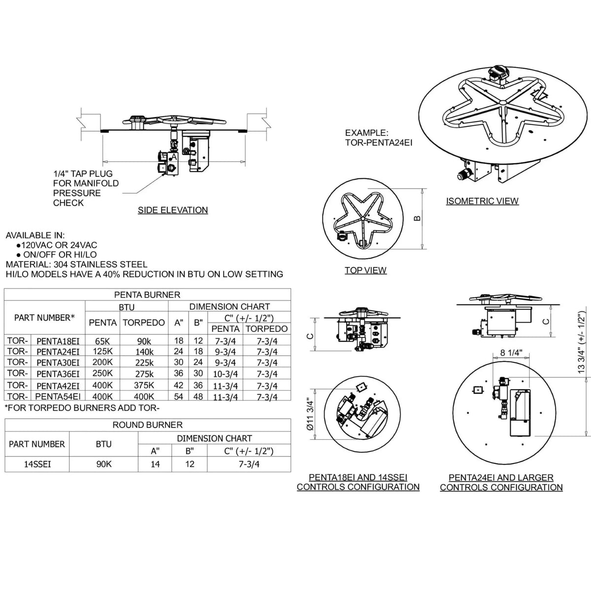 HPC Fire Round Flat Fire Pit Burner Kit (On/Off Electronic Ignition)