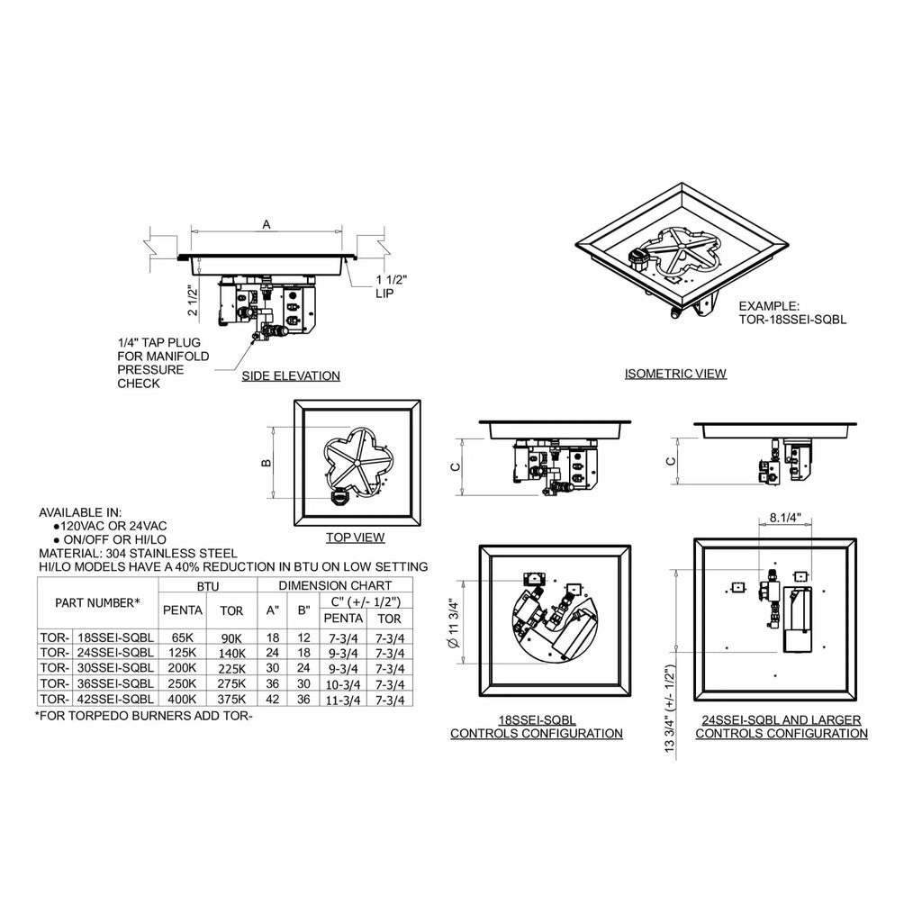 HPC Fire Square Torpedo Drop-In Fire Pit Kit (Hi/Lo Electronic Ignition)