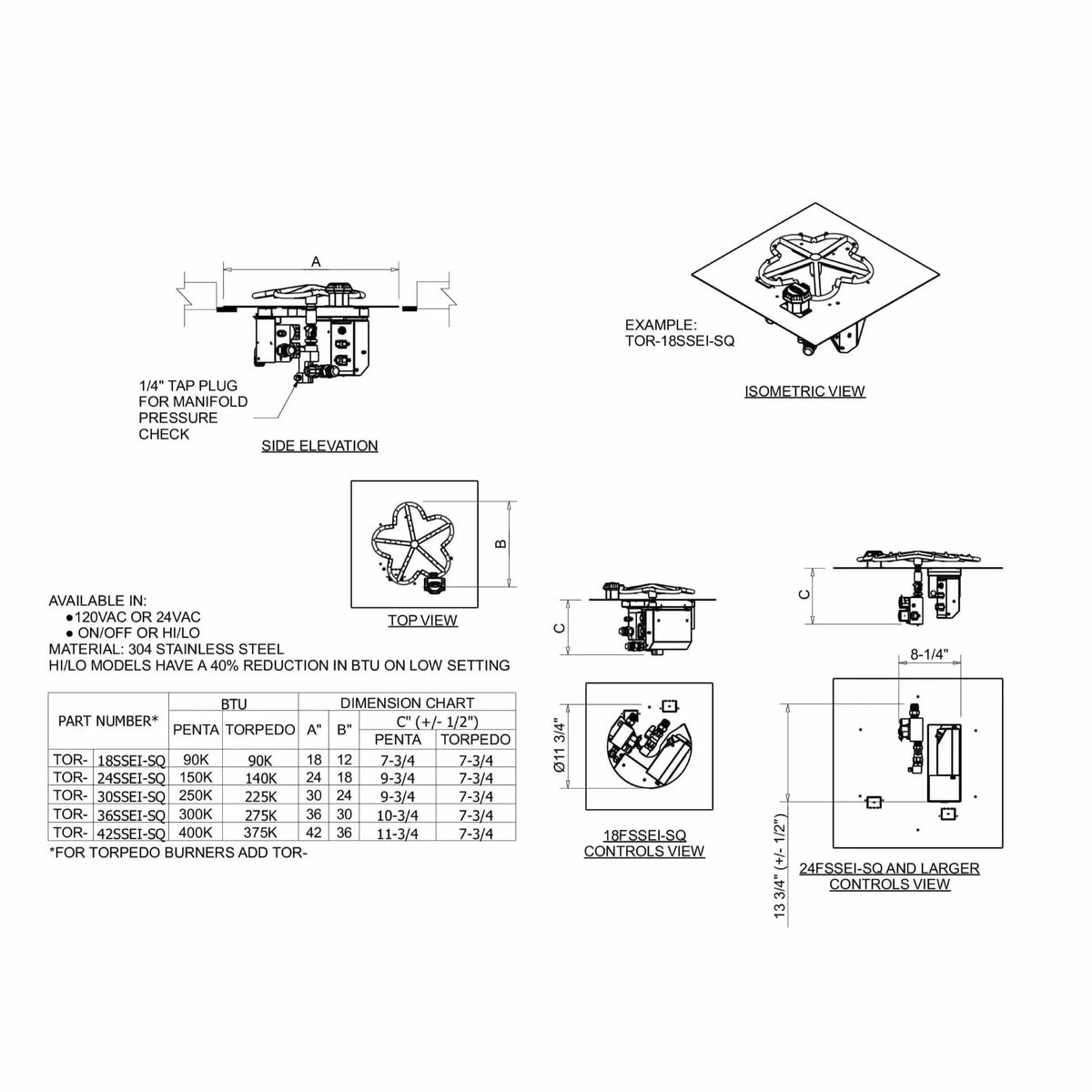 HPC Fire Square Flat Fire Pit Burner Kit (Hi/Lo Electronic Ignition)