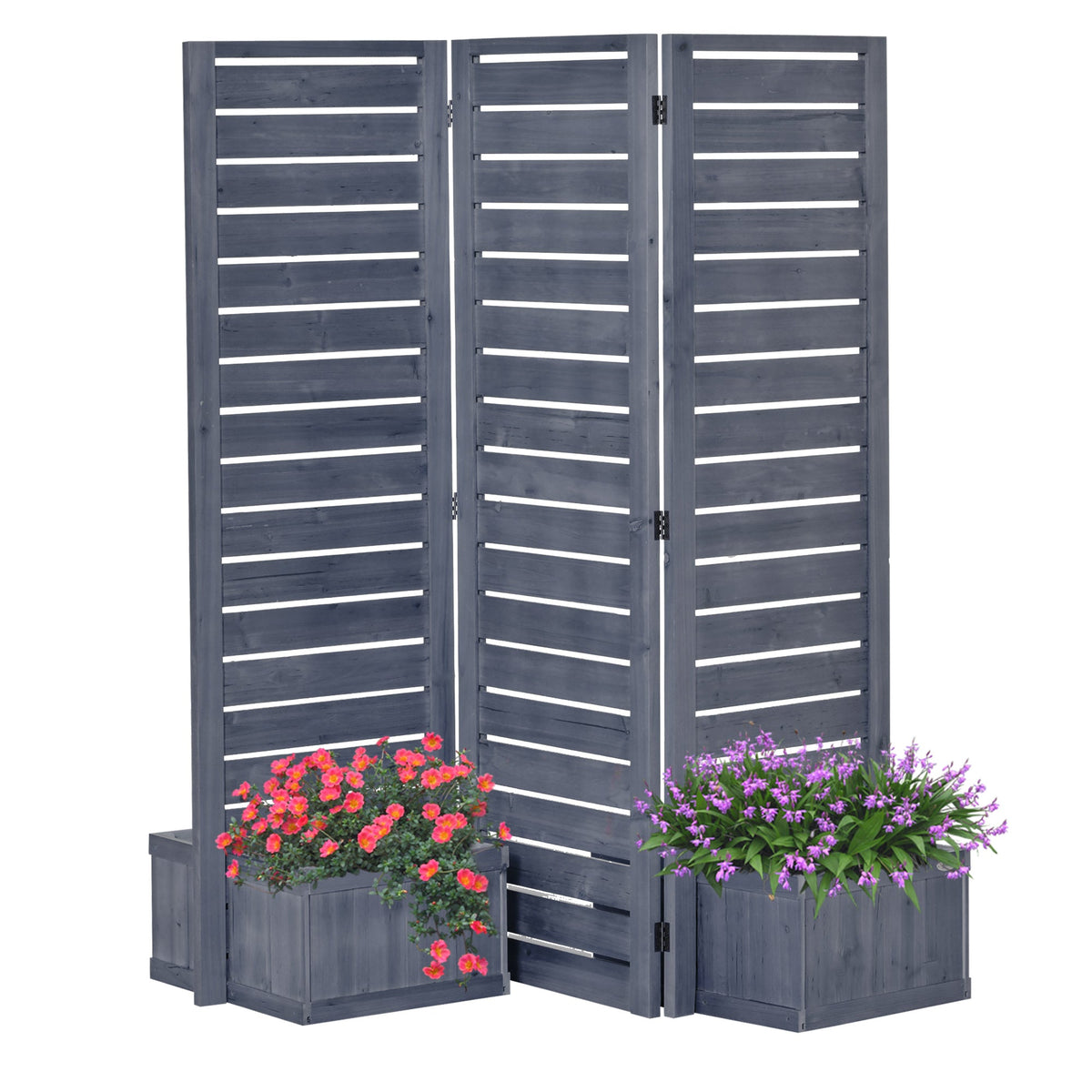 3-Panel Wood Privacy Screen with 4 Planter Boxes & Drainage Holes, Natural Brown