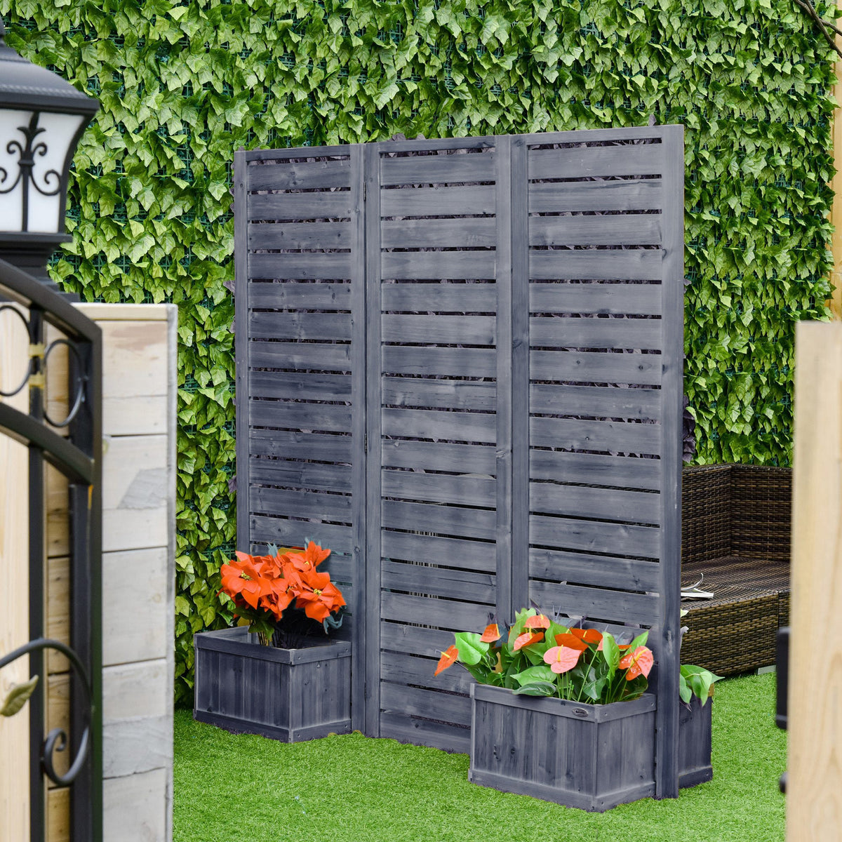 3-Panel Wood Privacy Screen with 4 Planter Boxes & Drainage Holes, Natural Brown