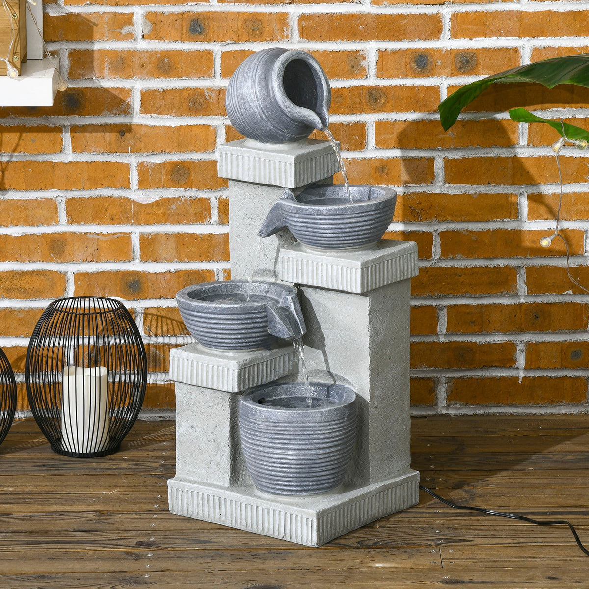 26.4" Resin Jar and Bowls Cascading Water Fountain with 4-Tier, LED Lights & Adjustable Flow