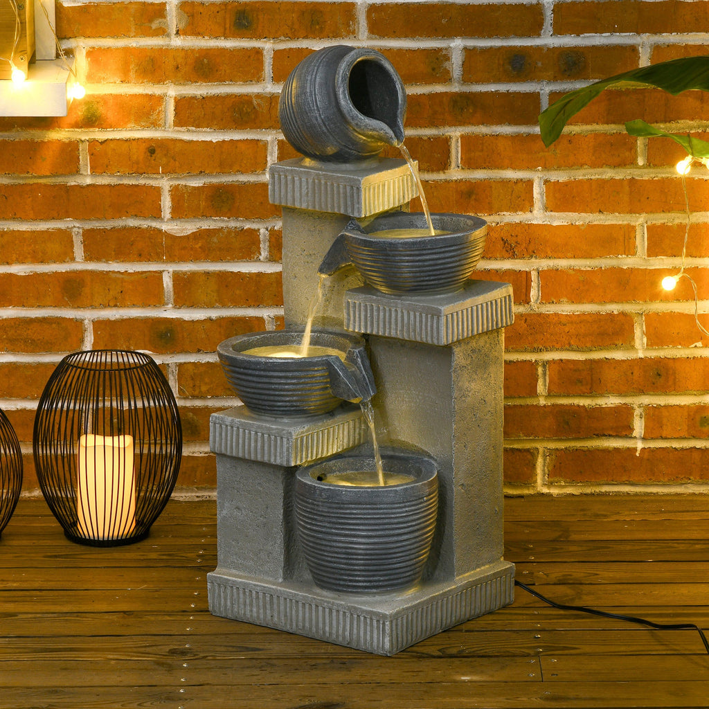 26.4" Resin Jar and Bowls Cascading Water Fountain with 4-Tier, LED Lights & Adjustable Flow