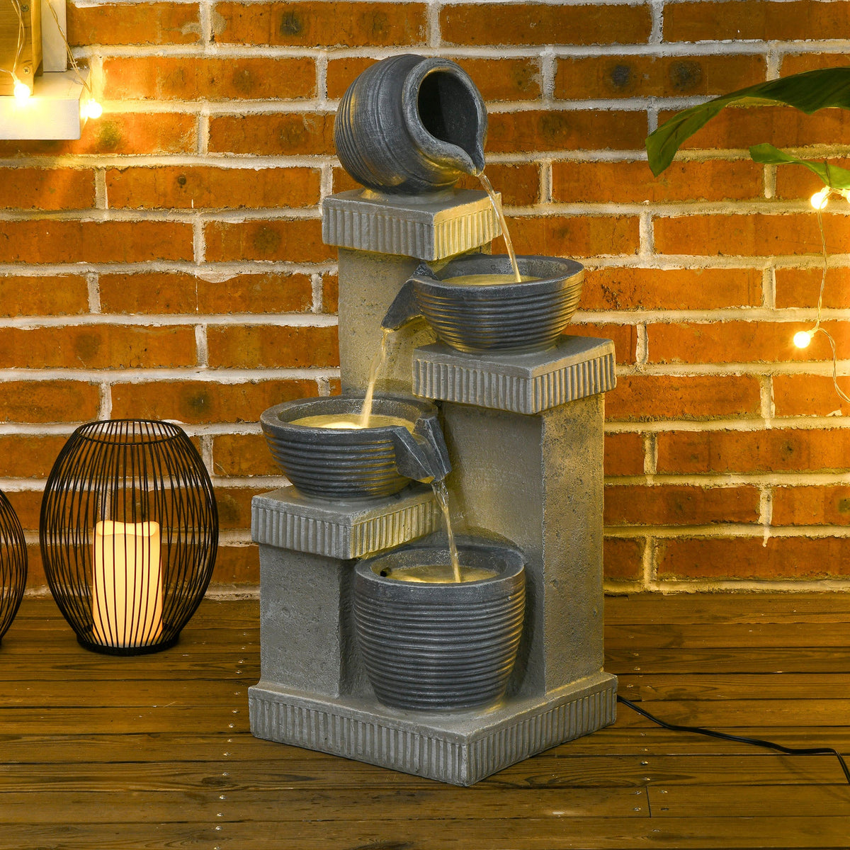 26.4" Resin Jar and Bowls Cascading Water Fountain with 4-Tier, LED Lights & Adjustable Flow