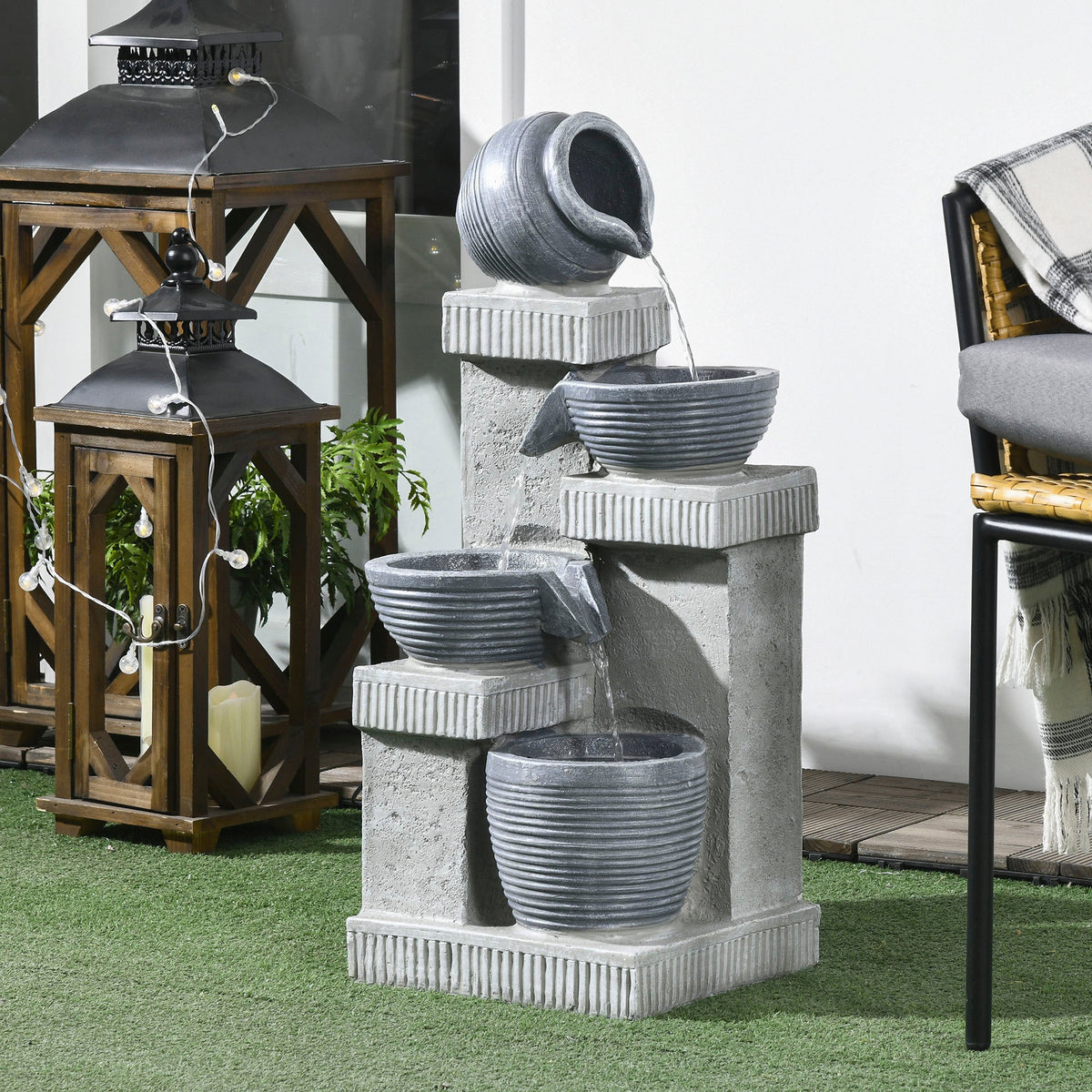 26.4" Resin Jar and Bowls Cascading Water Fountain with 4-Tier, LED Lights & Adjustable Flow