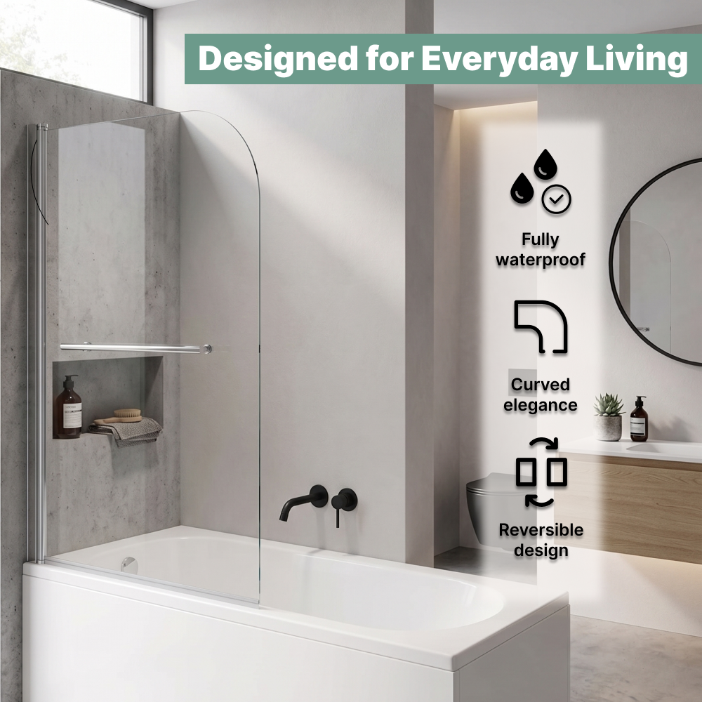 Supreme 6mm Glass Sail Bath Screen with Pivot Panel and Towel Rail - Chrome