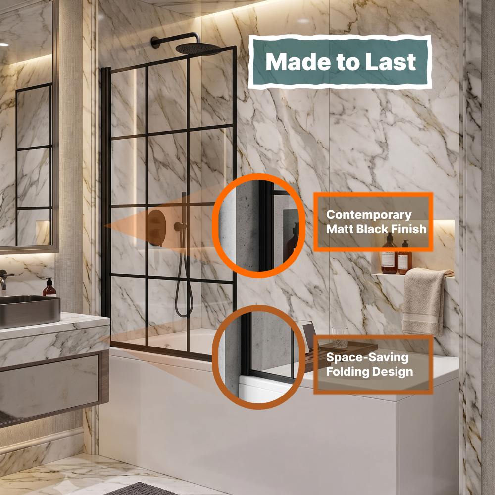 Boxa Designer 6mm Glass Shower Bath Screen - Matt Black