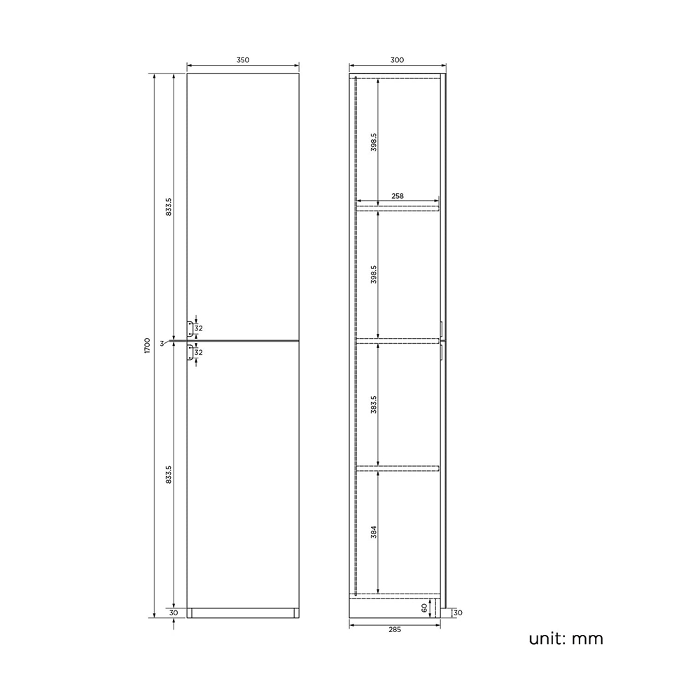 Gleam 2 Door Floorstanding Mirrored Tall Storage Unit - 1700mm x 350mm - Gloss White