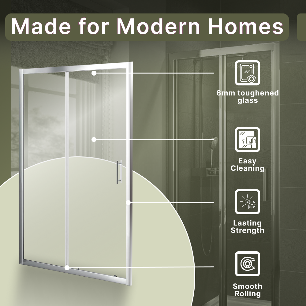 Solis 6mm Toughened Safety Glass Recessed Shower Sliding Door - Chrome