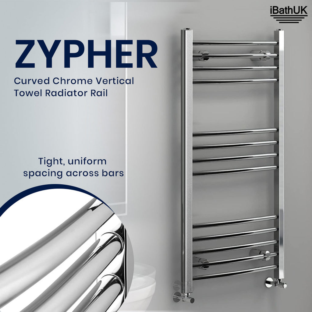 iBathUK Zypher Curved Heated Towel Rail Bathroom Radiator - Chrome